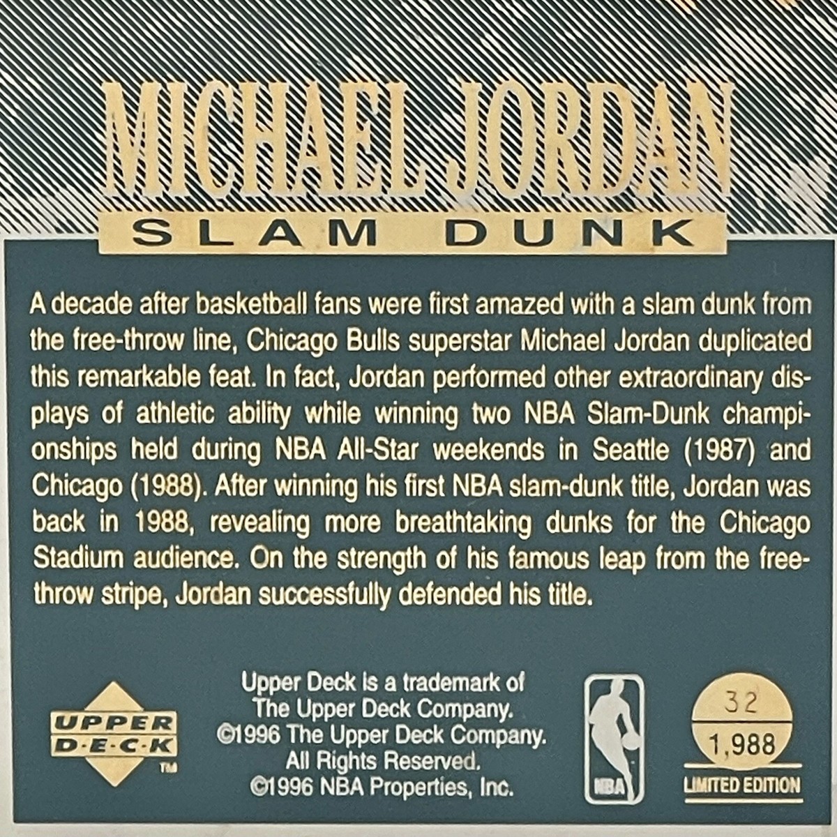 1998 Upper Deck Authenticated Michael Jordan Slam Dunk Champion Gld Card  32/1998