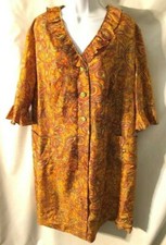 Vintage 60s Mod Paisley Ruffle Orange Boho Housecoat Housedress Robe cute L MINT