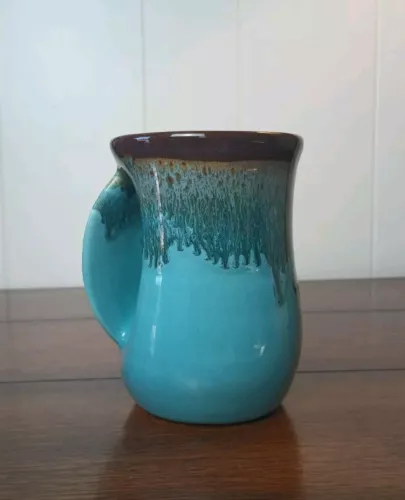 Neher Art Pottery Hand Warmer Coffee Tea Mug Turquoise Brown Drip Signed 2017