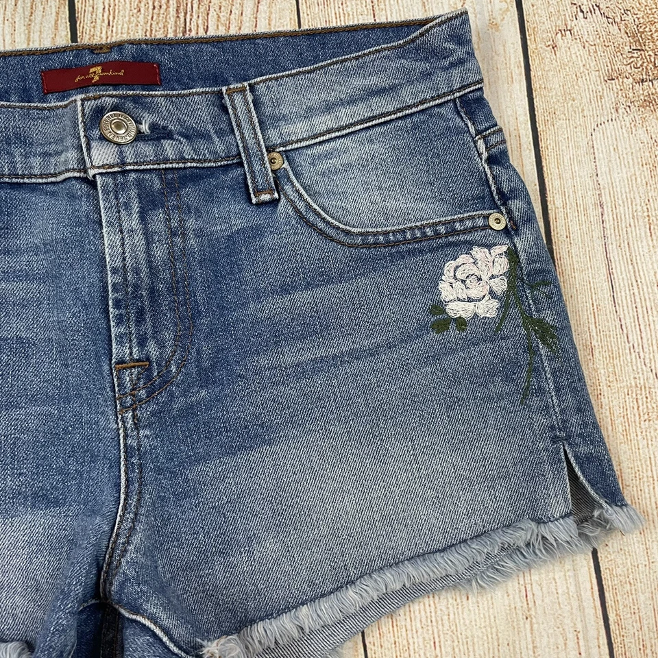 Pantalones Cortos de Jean 7 For All Mankind Cortados Elastizados Rosa Jardín Floral Bordado 26 Foto 4 de 4
