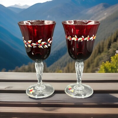 Set Of 2 Hand Painted Red Wine Glasses And Signed