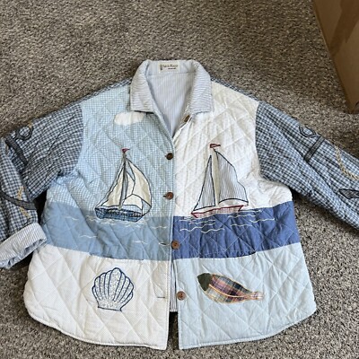 Vtg Patch Magic Quilted Jacket L 80s 90s Patchwork Seashell Sea Sail Boat XL