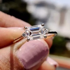 Emerald Cut Diamond Engagement Ring 14k White Gold Finish Trilogy Solitaire