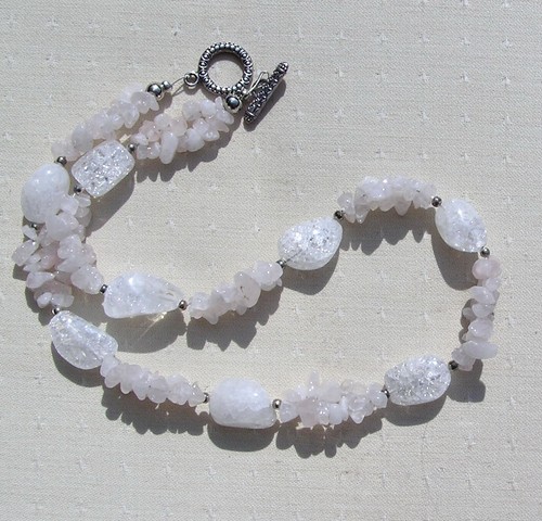 SALE Pale Rose Quartz & Crackled Clear Quartz Gemstone Necklace "Rose Blush " - Picture 2 of 7