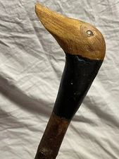 Antique Folk Art Carved Duck Head Walking Stick Americana glass eyes