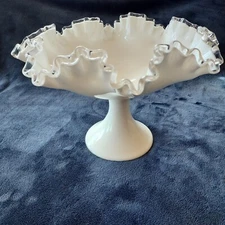 Large Vintage Fenton Silver Crest Milk White Ruffled Edge Pedestal Fruit Bowl