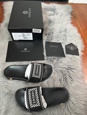 Black Gold Versace Slides Women's Sz 7.5 US 38 Medusa Palazzo Sandals Flip Flops