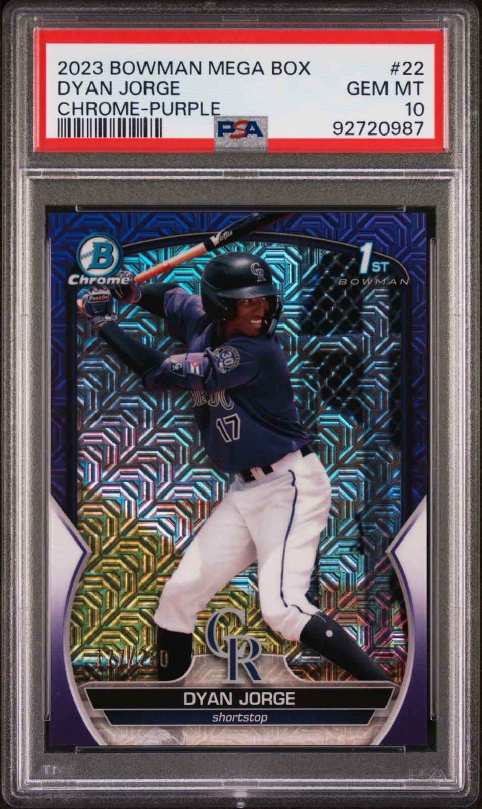 2023 Bowman Mega Box 22 Dyan Jorge 1st Chrome Purple Mojo Refractor #/250 PSA 10
