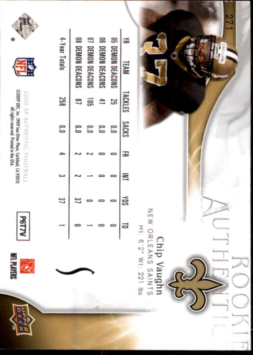 A1642- 2009 SP Authentic #271 Chip Vaughn RC /999 SAMPLE PIC - Image 2 of 2