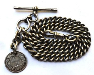 NO RESV 1924 Sterling Silver 54g Gents Albert Pocket Watch Chain Vintage Antique