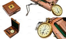 Antique Brass Pocket Watch with Wooden Box - Unique Sailor's Art - BRAND NEW