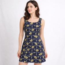 Lilly Pulitzer Sleeveless Dress Size 6 Navy Yellow Waffle Weave Scalloped Pocket