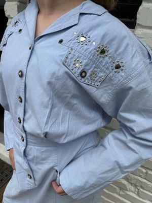 VTG  Plain Jane  brand. Early Espirit. Vintage Embellished Chambray Dress