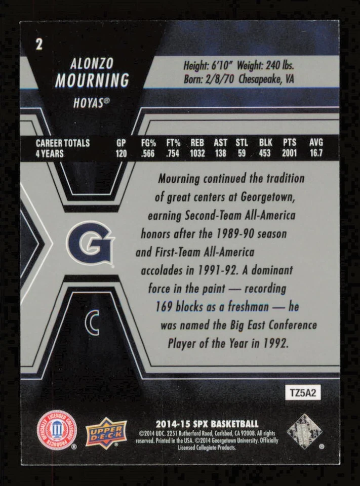 2014-15 SPx #2 Alonzo Mourning HOF Basketball GEORGETOWN NM-MT - Image 2 of 3
