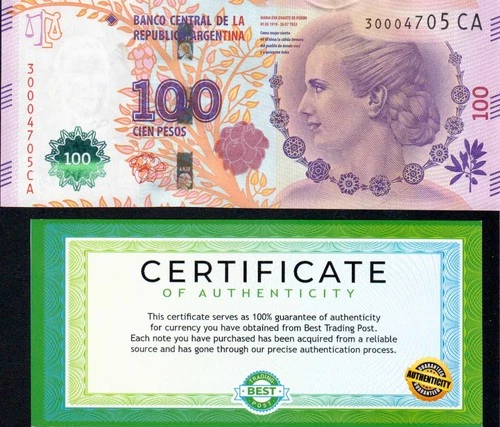 Argentina 100 Pesos Evita 2016 UNC banknote KM-358c Sufix CA QTY 1 Banknote