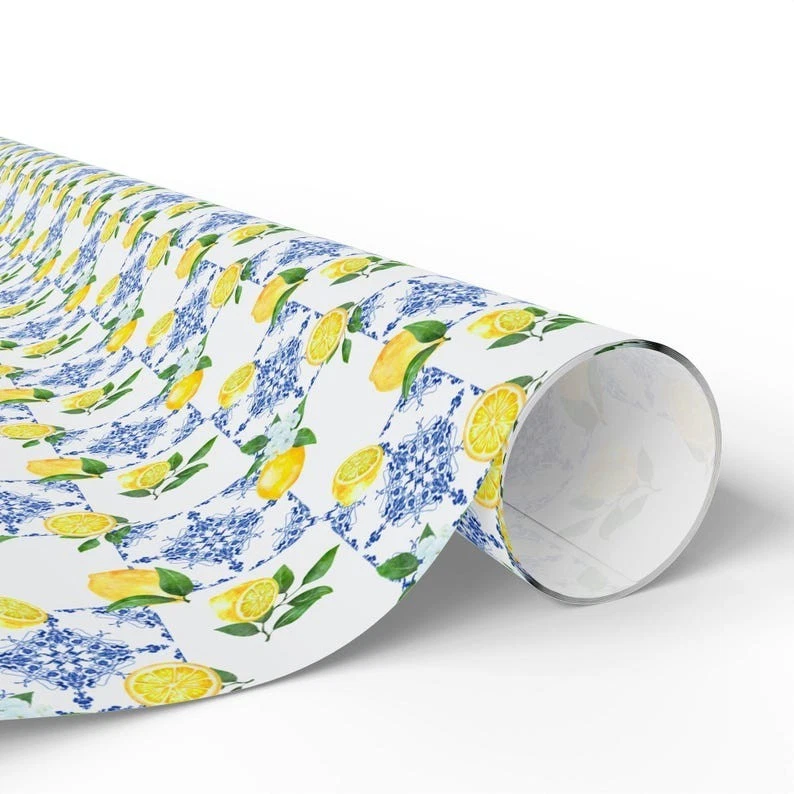 Amalfi Coast Lemon Tile Wrapping Paper - Elegant Mediterranean Gift Wrap