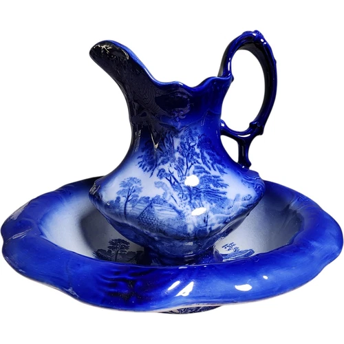 Vintage Royal Crownford Ironstone Pitcher & Wash Basin Set Homestead Flow Blue T