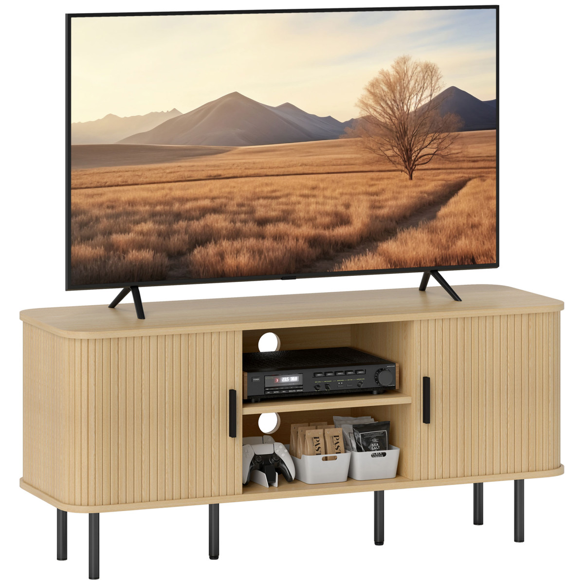 TV Stand Cabinet TVs Up to 55 Inch Oak Entertainment Storage Unit Black - Image 2