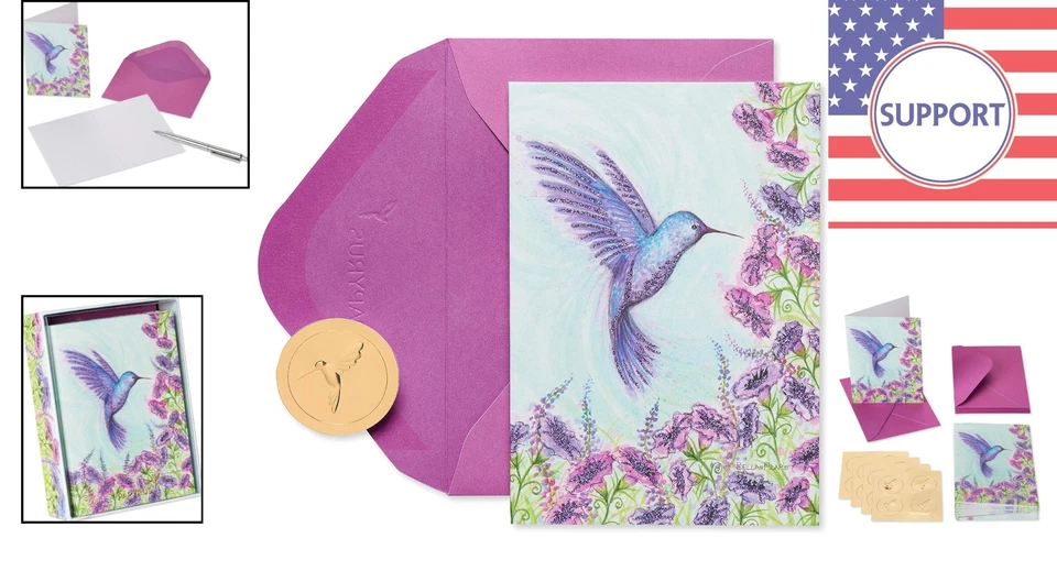 Elegantes tarjetas en blanco de colibrí púrpura - Paquete de 14 con sobres y sellos dorados Foto 2 de 4