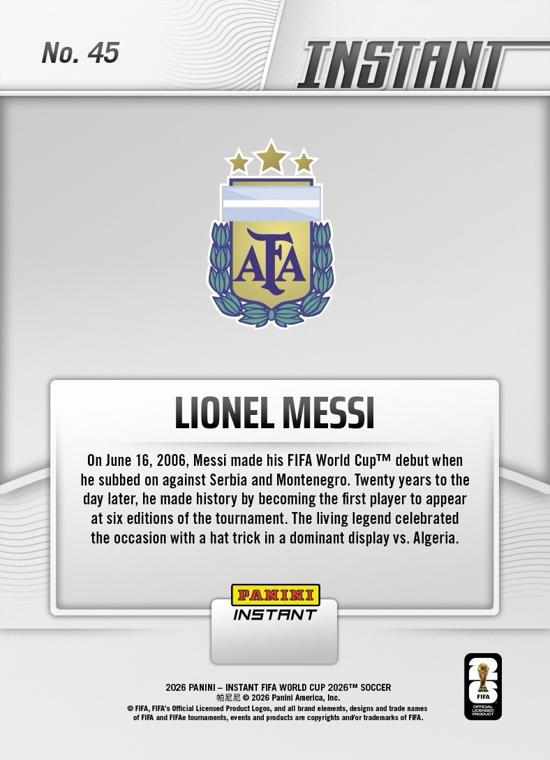Lionel Messi 2026 Panini Instant FIFA #45 HAT TRICK IN 6TH WORLD CUP! - Presale view 2