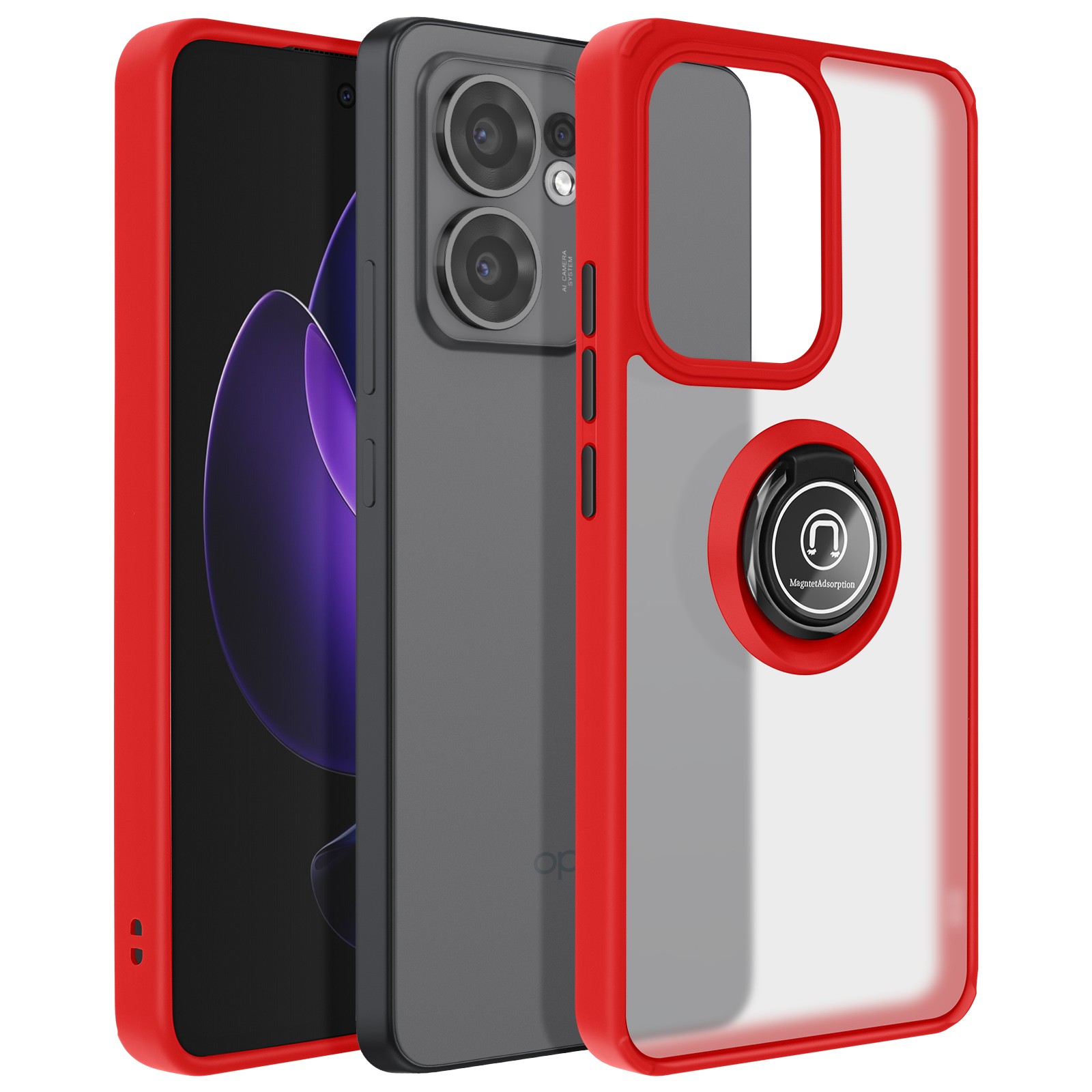 Coque Oppo Reno 13 F avec anneau magnétique rouge translucide protégeant l'arrière du téléphone