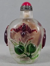 Chinese Bat Peach Butterfly Carved Peking Overlay Glass Snuff Bottle