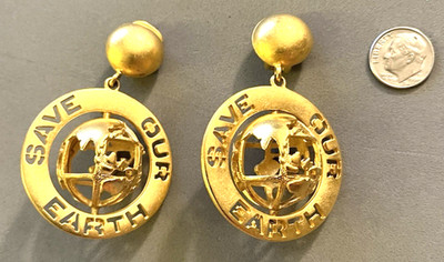 Large D TOREM RENCLIF INC. Gold Tone Swivel Save Our Earth Clip On Earrings Mint