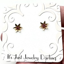 14K Yellow Gold Womens Earrings Pierced Red Ruby Flower Stud Gift for Her