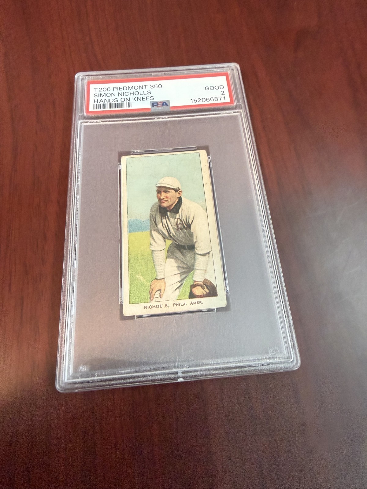 1909-11 T206 Piedmont 350 Hands on Knees Simon Nicholls. PSA 2