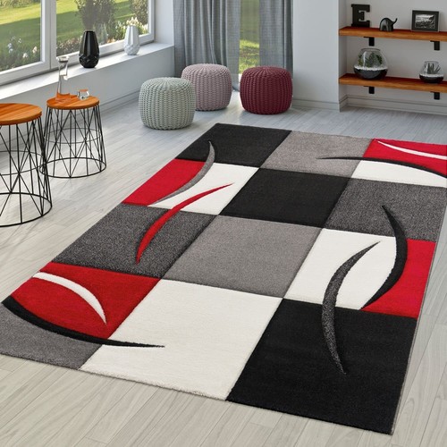 Paco Home Area Rug Checkered with Modern Carved Shades in Red Black, Size: 2'...