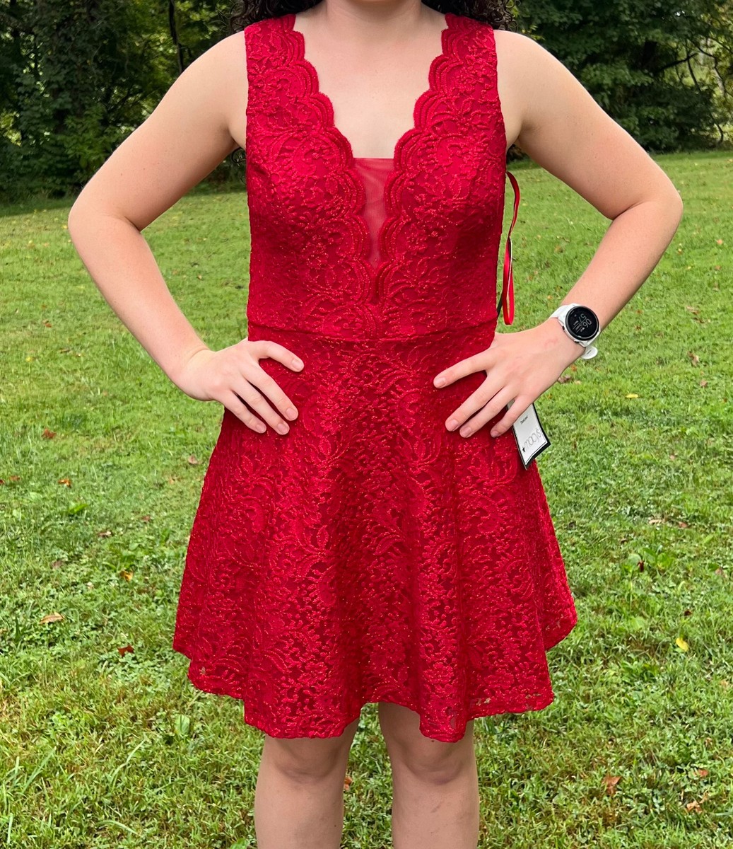 red semi formal dress City Studios Womens Juniors Lace Glitter Fit & Flare 9 worthy skirt youll want to dance all night in Short Red Cocktail Dress,Semi Formal