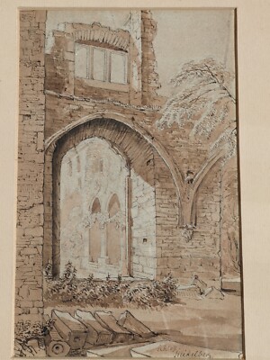 Antikes viktorianisches Original Sepia Aquarell Gemälde unsigniert SchlossHeidelberg