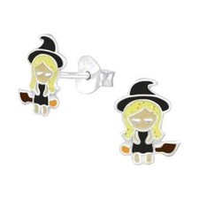 Halloween 925 Sterling Silver Witch Kids Stud Earrings - Boxed