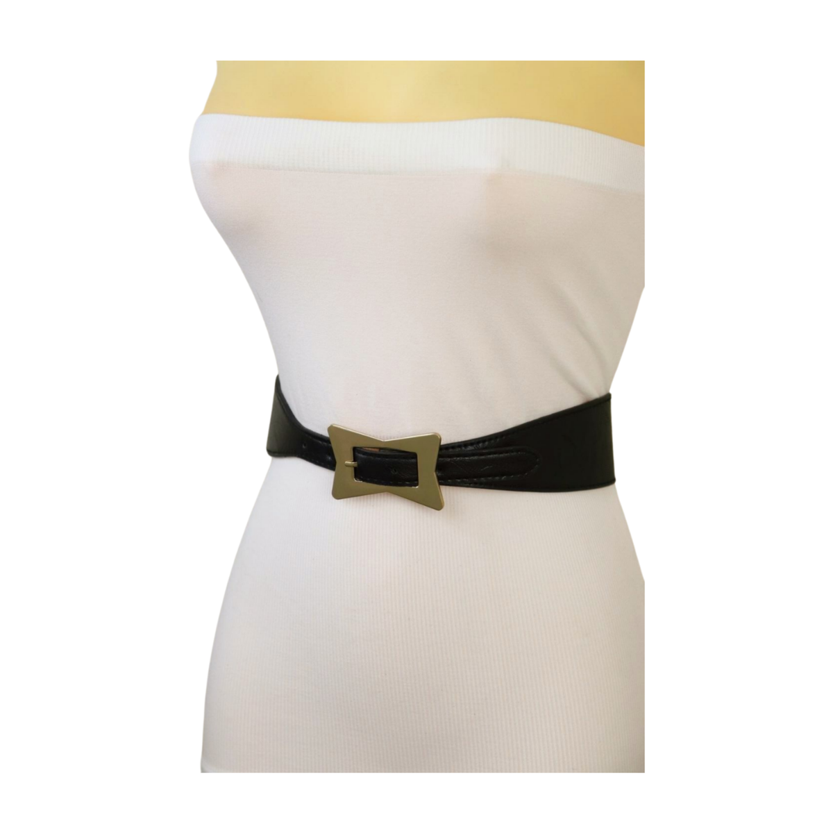 Women Black Faux Leather Waistband Fashion Belt Gold Metal  display picture 1