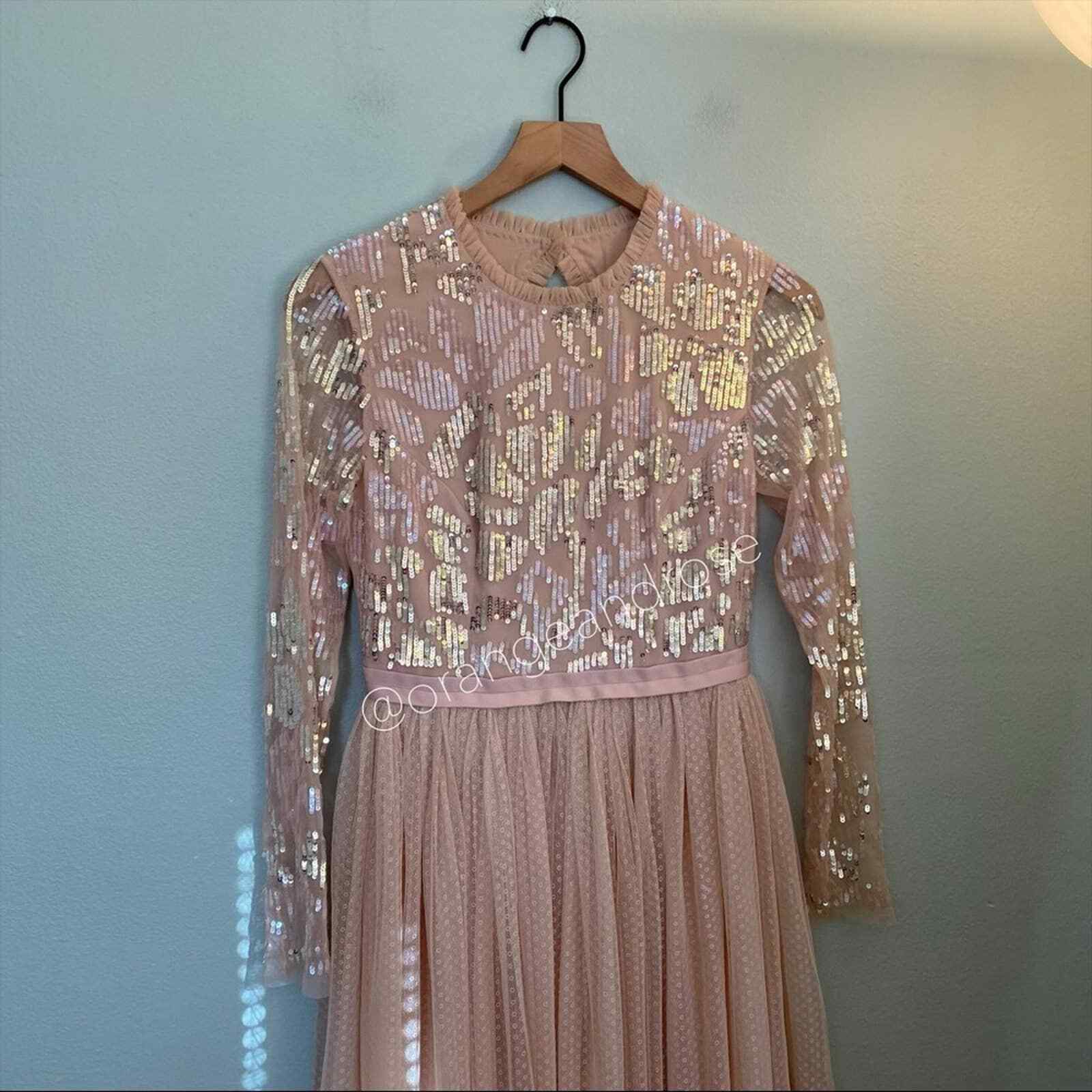 Needle & Thread Blush Pink Sequin Long Sleeve mesh Open Back Tulle Maxi Gown 6