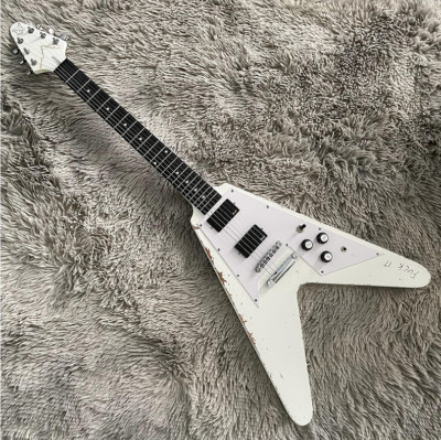 Hot Sale Flying V Electric Guitar White Relic Skull H-H Pickups