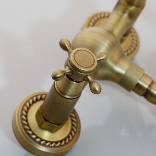 Antique Brass Bathroom Wall Mounted Faucet With Double Handle Mixer Taps - Picture 4 of 8