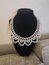  Vintage Faux Pearl Bib Necklace Open Design Scalloped Edge Gold Tone Hook Close