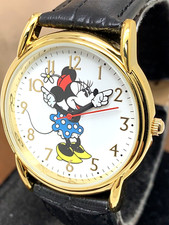 Disney Women's Watch Minnie Mouse WDS000410 Quartz Gold 35mm Black Leather Strap