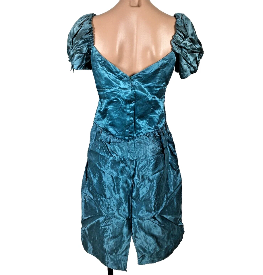 Vtg 80s Teal Lace Puffy Sleeve UNION MADE Evening Party Prom Dress Formal Satin - Image 2 of 4