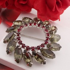 Vintage Gray Red Marquise Rhinestone Silver Tone Wreath Pin Brooch