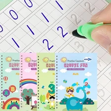 4 PC Reusable Grooved Writing Books for Kids, Magic Copy Books,Reusable Handl