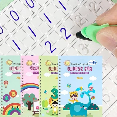 BRANDED 4 PC Reusable Grooved Writing Books for Kids, Magic Copy Books,Reusable Handl