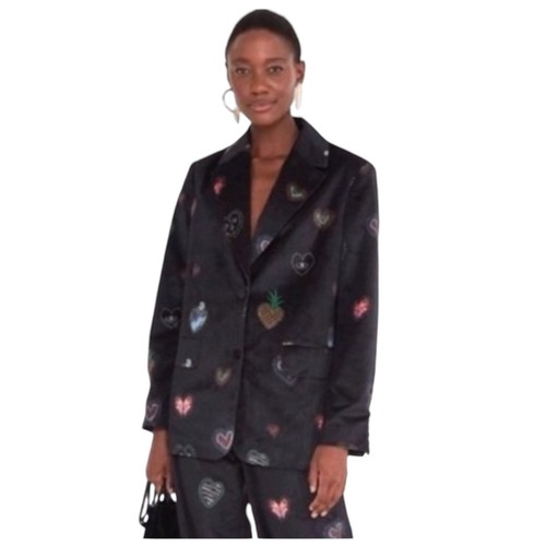 Farm Rio Dark Hearts Velvet Blazer Black Print Single Breasted Work XS ...