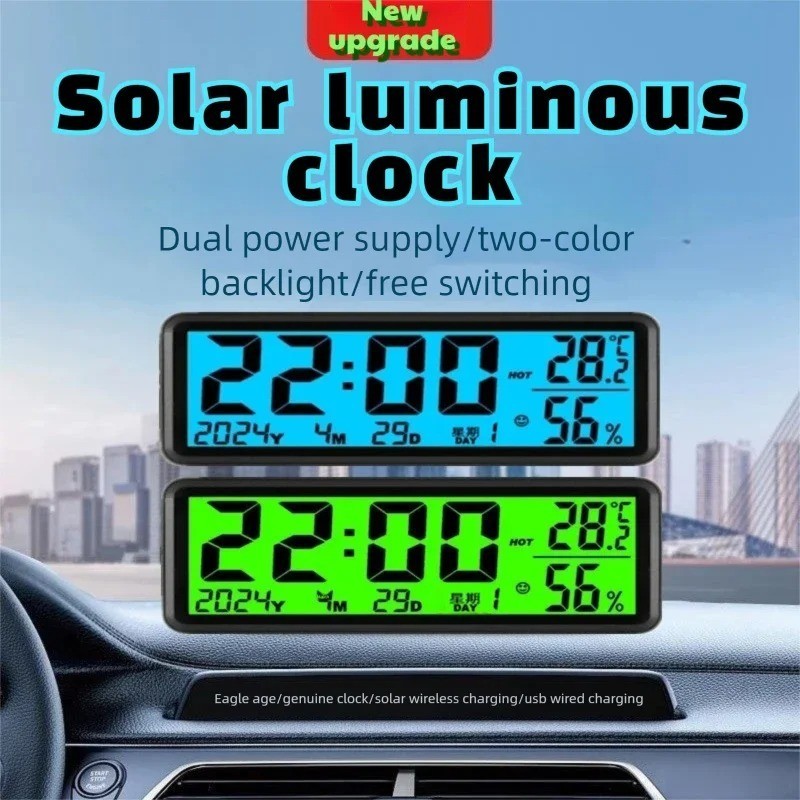 Car Clock Digital LCD Solar USB Powered Dashboard Temperature Humidity Display