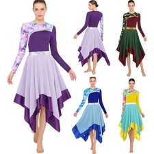 Women Dress Lyrical Gown Long Sleeve Dancewear Cha Cha Dance Tango Worship Hem
