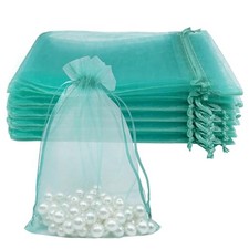 100PCS Sheer Teal Organza Bags 4''X6' Small Mesh Drawstring Jewelry Gift Aqua