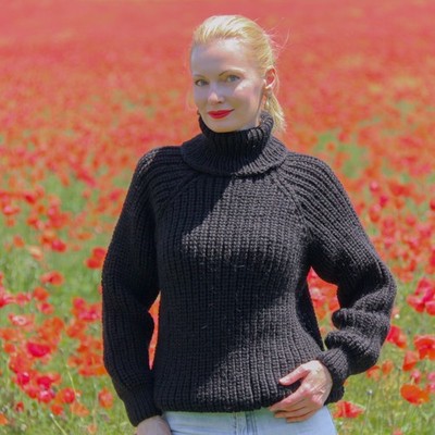 Hand knitted black wool sweater - SuperTanya artisan knitwear - size S-M