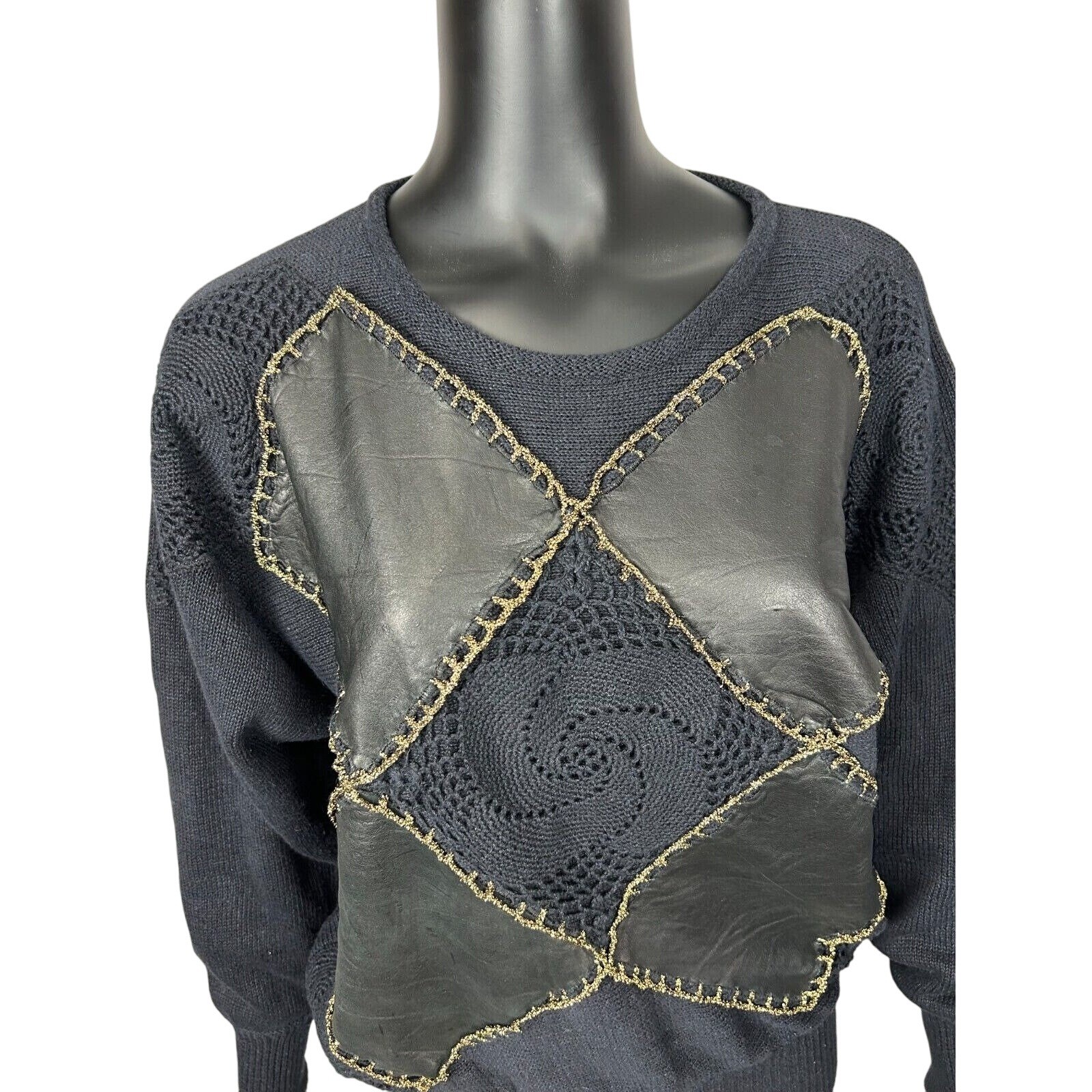 Andriano Black Sweater Patchwork Argyle Faux Leat… - image 3