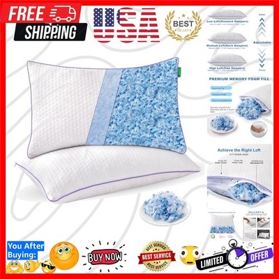 Cooling Bed Pillows Queen Size Set of 2 - Shredded Memory Foam Pillows for Sl...
